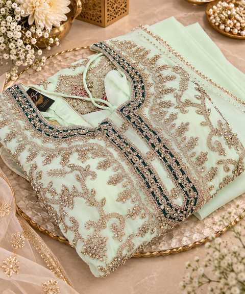 Georgette based beautiful embroidery and stone work kameez paired with a flowy georgette loose circular palazzo & dupatta . Slight variation in colour and design is possible.