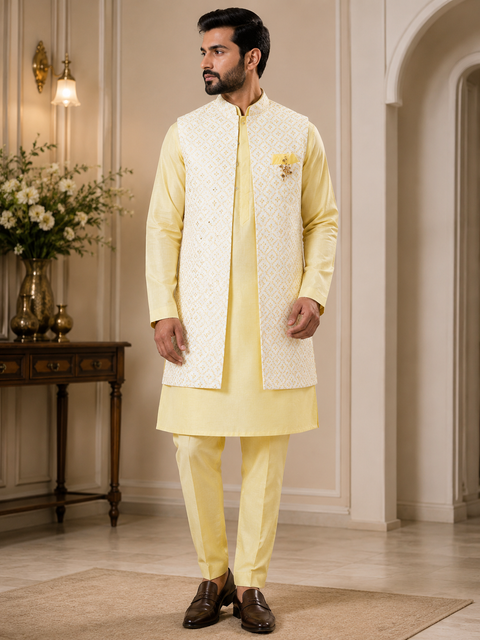 Brocade silk designer jacket with plain kurta and pants (slight variation in color & design is possible )