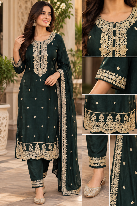 Georgette Silk suit set featuring elegant golden embroidery on the neckline, sleeves and hem, paired with matching pants and a beautifully bordered dupatta.Slight variation in colour and design may be possible.