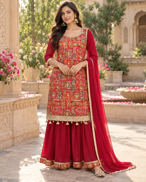 Silk-blend patchwork kameez with mirror & stone work, paired with a flowy circular palazzo and plain georgette dupatta with golden border. Slight variation in colour/design possible
