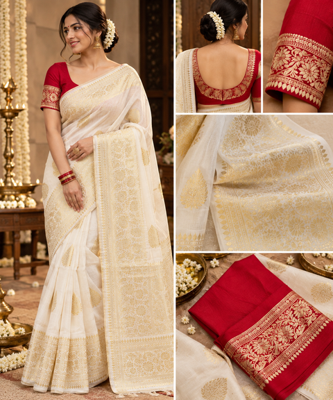 Luxuriously soft silk saree with a smooth, lightweight feel and beautifully flowy drape. Featuring rich woven zari floral motifs and an elegant detailed border .Blouse piece included. Slight variation in colour and design is possible.