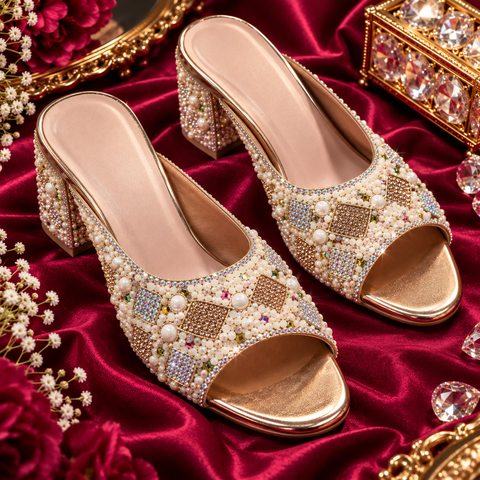 Elegant open-toe block heels with beautiful pearl, bead and stone work all over. The comfortable slip-on style and embellished heel make them perfect for weddings, parties and festive wear.