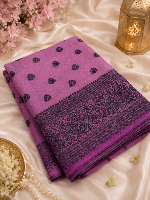 Beautiful semi-silk cotton saree with an elegant woven border and classic motifs. Attached blouse piece included. Slight variation in colour and design may occur.