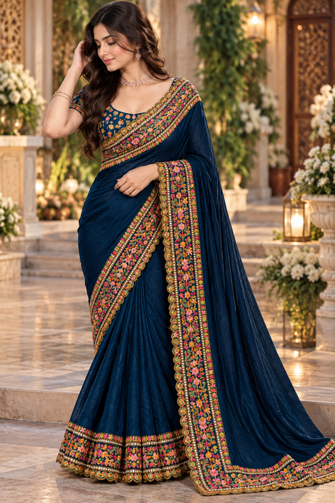 Soft Silk Blend Saree featuring a rich multicolour floral embroidered border with elegant scalloped detailing. Attached blouse piece included; model blouse is for reference only. Slight variation in colour and design is possible.