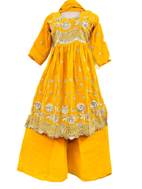 Nayra Cut Georgette based sequinned with Embroidery work with lace border work suit for Kids