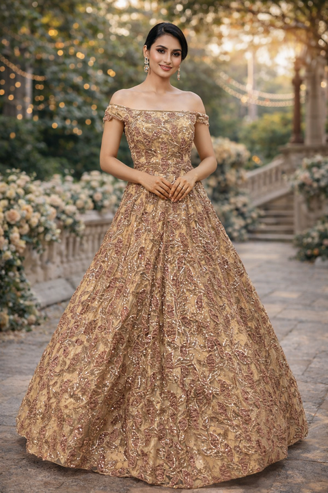 (Video clip attached)Netting Based Beautiful sequined Work Designer Party Gown