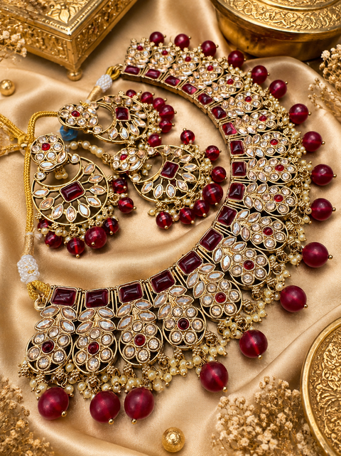 Original Polki stone with pearls beaded work beautiful necklace with jhumka and tikka set