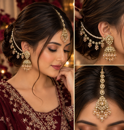 Golden Polki stone jhumka with Sahara & tikka set (slight variation in color and design is possible)