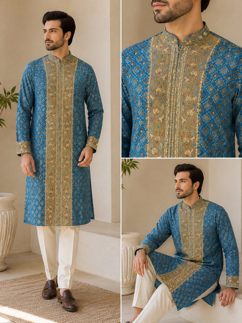 Soft Silk based embroidery work long kurta with pants (slight variation in color and design is possible )