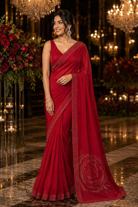Beautiful swarovski Stones work Roses design beautiful Georgette Silk Saree. The Blouse Worn By The Model Is For Reference Purposes Only. The Blouse Piece Is Attached Separately With The Saree. Slight Variation In Color And Design May Occur.