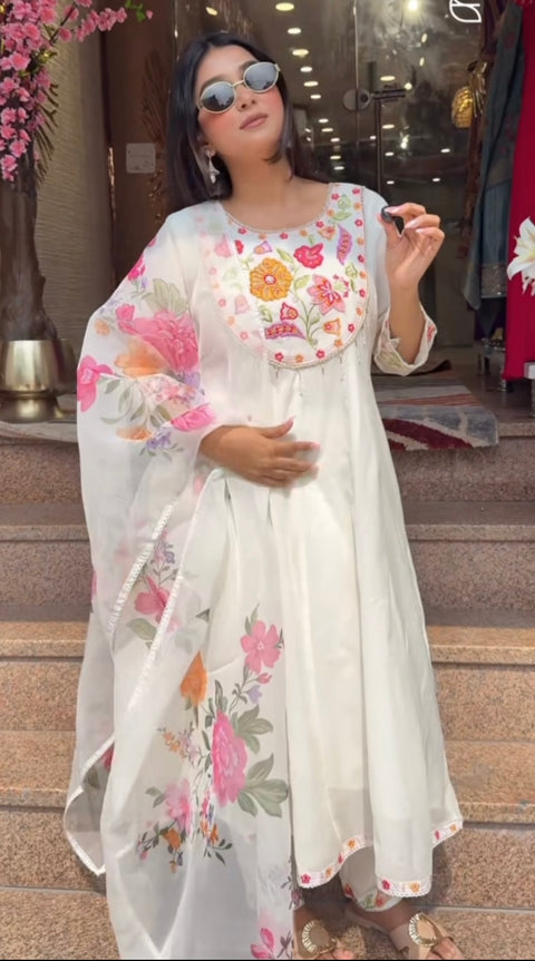 (Video Clip attached)Pure and soft Chanderi Silk based beautiful embroidery work flared kameez & Plazo pants with beautiful floral print organza Dupatta