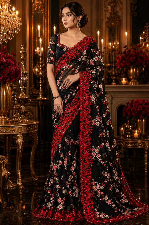 Exquisite black net saree featuring intricate floral embroidery, shimmering stone embellishments, and a richly detailed designer border for a luxurious statement look. Attached blouse fabric is included,the blouse worn by the model is for reference