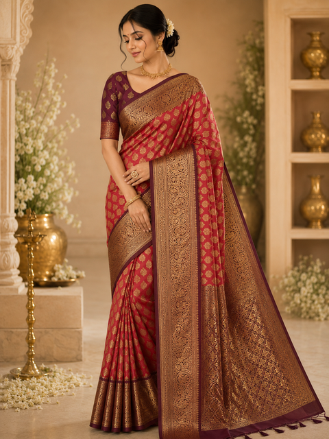 Art Silk Based beautiful design Saree with contrast Pallu (blouse is attached to Saree ) slight variation in color and design is possible )