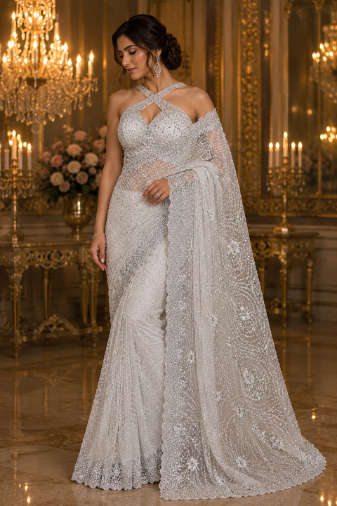 Bollywood style heavy work designer Saree with netting base fabric and stones with mirror work design all over with embroidery work (Blouse Piece Worn By Model Is For Reference Only, Blouse Piece Attached To Saree) Slight Variation In Color And Design)