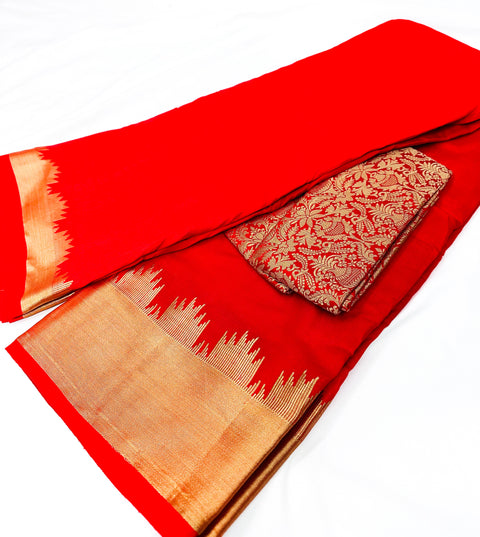 Soft Silk based Broad zari border Saree with Contrast Brocade silk based Blouse