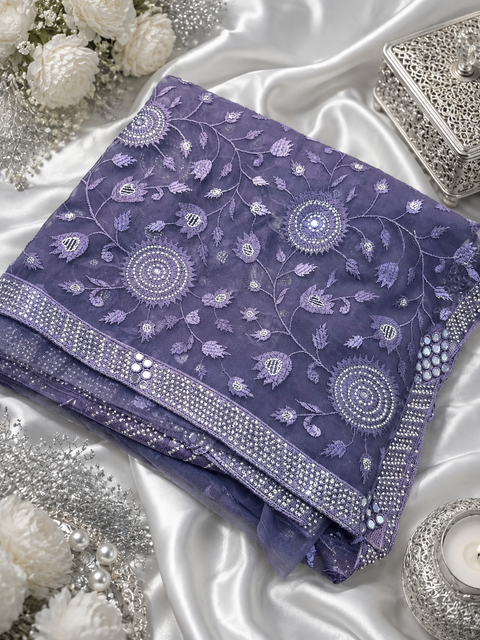 Stone Work & Embroidery Jaal Work Beautiful netting Designer Saree and embroidery work blouse piece Comes with an attached matching blouse piece, blouse worn by the model is for reference purposes only(slight variation in color and design is possible)