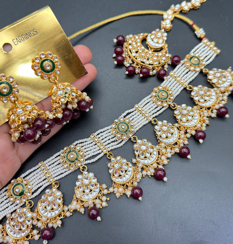 Kundan stone with pearls beaded choker set with beautiful earrings & tikka