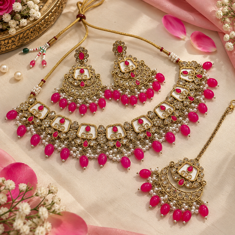 Beautiful polki stones with pearls and colorful stones necklace & earrings with Tikka. Slight variations in colour and design are possible