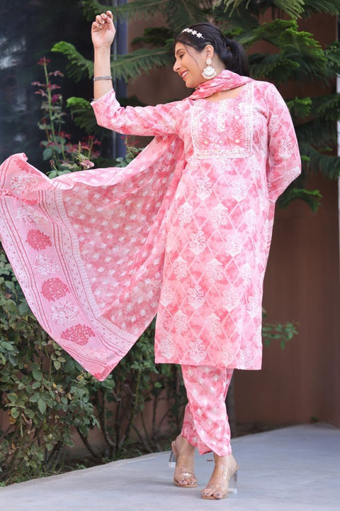 Pure & Soft cotton Based Designer Embroidered & Printed work Kurti With Plazo Pants & Dupatta