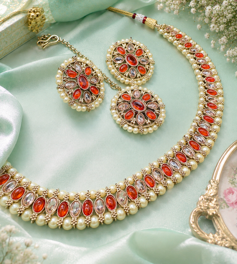 Polki And Pearls Work Beautiful Necklace Set With studs & Tikka