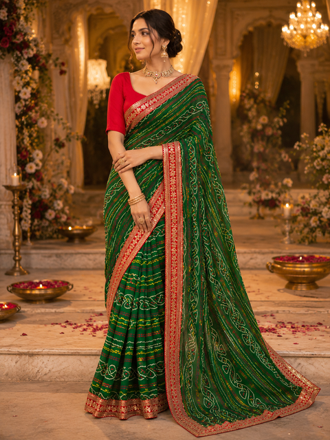 Pure and very soft georgette based bandhani print sarees with stones  Blouse Worn By The Model Is For Reference Purposes Only. The Blouse Piece Is Attached Separately With The Saree. Slight Variation In Color And Design May occur