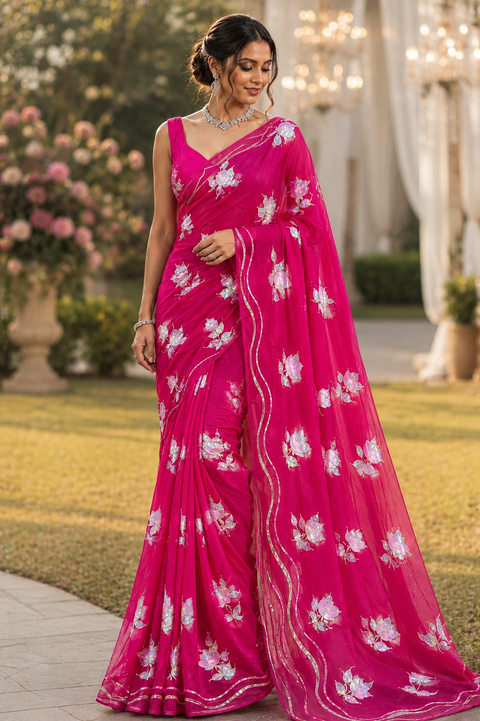 Soft Chiffon Saree with all-over shimmery floral print and delicate handwork detailing. Lightweight, soft and beautifully draping. Blouse piece attached; model blouse is for reference only. Slight variation in colour and design is possible.