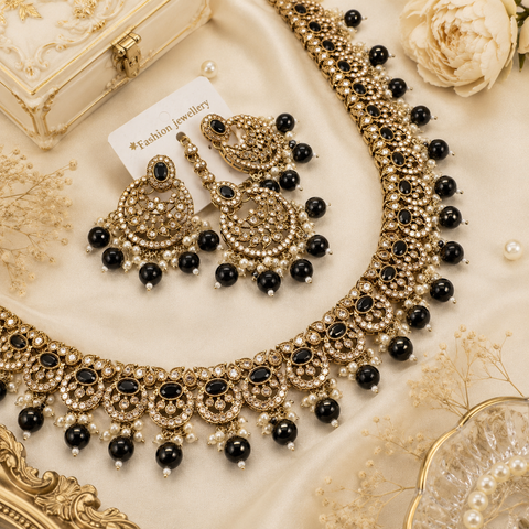 Jerkan stone with pearls beaded work beautiful necklace with earrings and tikka set