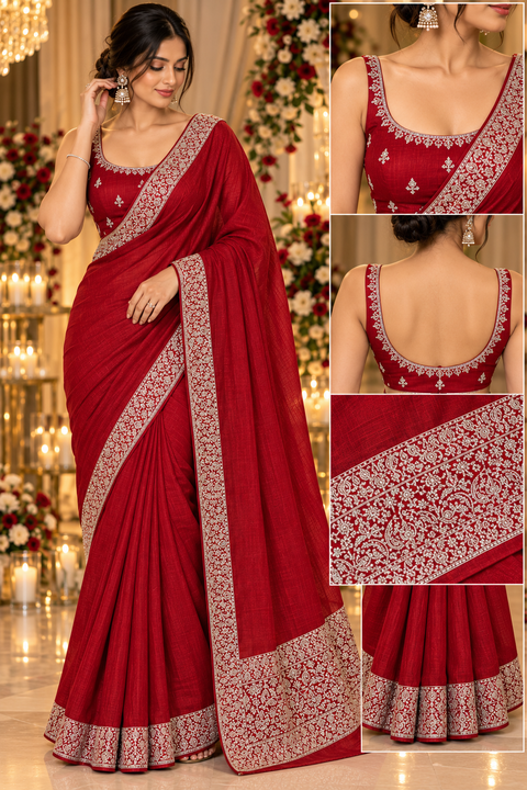 Soft-flowing fancy silk georgette saree with elegant embroidered borders, fine stone work and a heavy detailed pallu. Includes an attached embroidered blouse piece; model blouse is for reference only. Slight variation in colour/design possible.