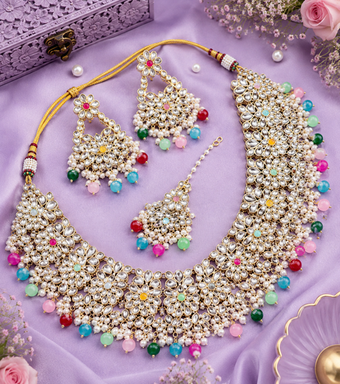 Kundan studded & pearls work designer heavy work Necklace set with beautiful Earrings & Tikka