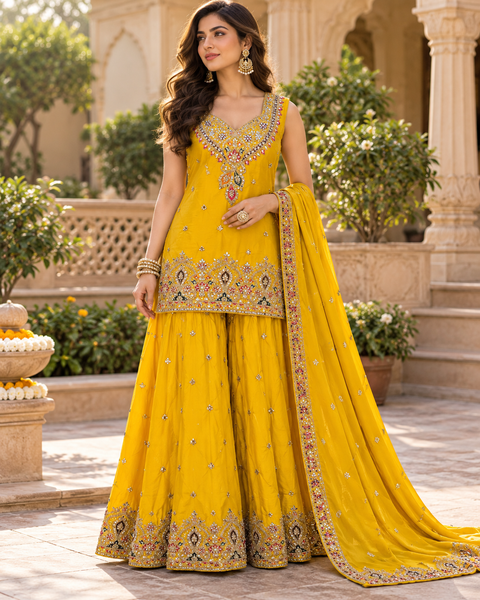 Beautiful georgette fabric outfit with full embroidery and mirror work all over the kameez. Paired with a loose circular palazzo and a matching dupatta with just a border. 
Slight variation in colour and design is possible