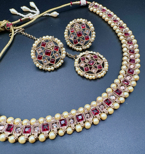 Polki And Pearls Work Beautiful Necklace Set With studs & Tikka