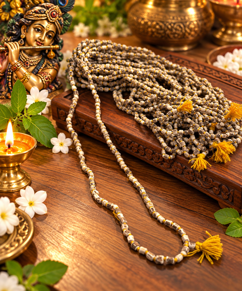Traditional Tulsi Jap Mala – Sacred Prayer Beads.Beautifully crafted Tulsi-style Jap Mala, traditionally used for chanting, meditation, and daily prayers. Featuring natural-look beads with yellow thread detailing and tassels,this mala is ideal for Krishna