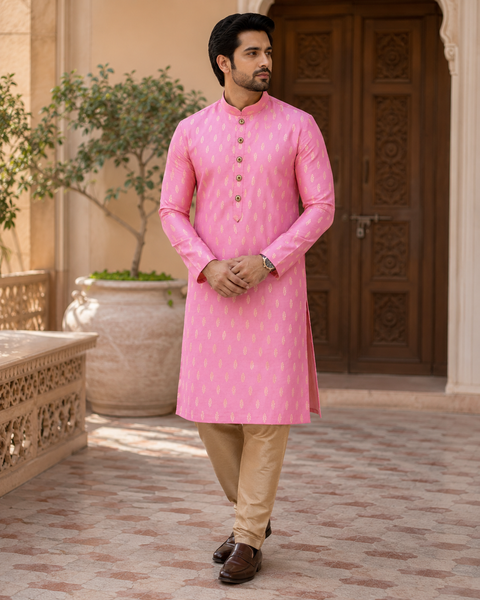 Soft Silk based Heavy brocade work designer Kurta with golden Pajama (slight variation in color and design is possible)