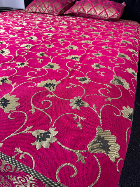 Roses Print Velvet golden zari Work Bed Sheet (275cm x 265cm)king size King Size Bedsheet With Double Pillow Cover