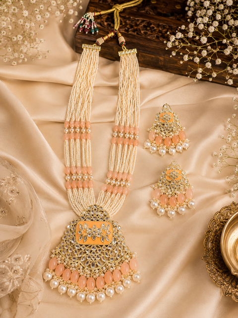Pearls work with kundan stone & Meenakari work beautiful Rani haar /long necklace set with beautiful Earrings(slight variation in color and design is possible )