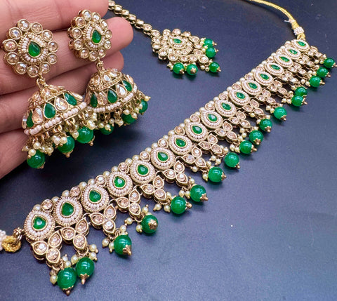 Original Polki stone with pearls beaded work beautiful necklace with earrings and tikka set