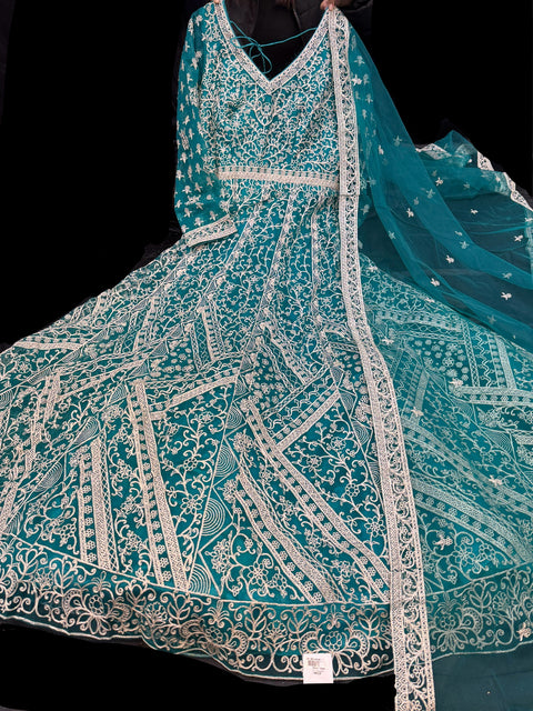 (Video clip attached ) Teal color Netting based heavy Embroidery With Sequined Work Designer Kameez /Gown and Georgette Based heavy embroidery work with sequined work Dupatta