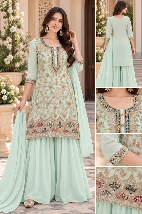 Georgette based beautiful embroidery and stone work kameez paired with a flowy georgette loose circular palazzo & dupatta . Slight variation in colour and design is possible.