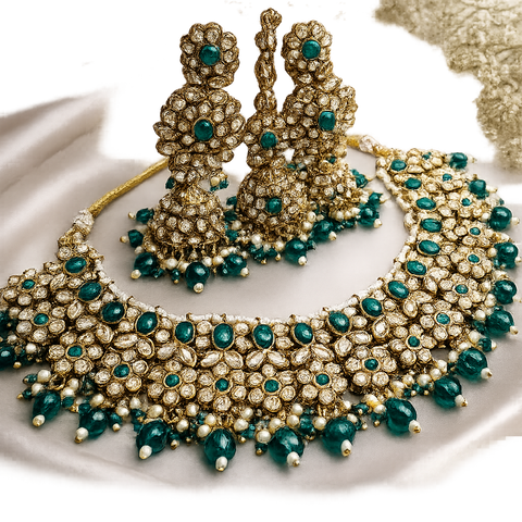 Polki stone with pearls beaded work beautiful necklace with jhumka and tikka set