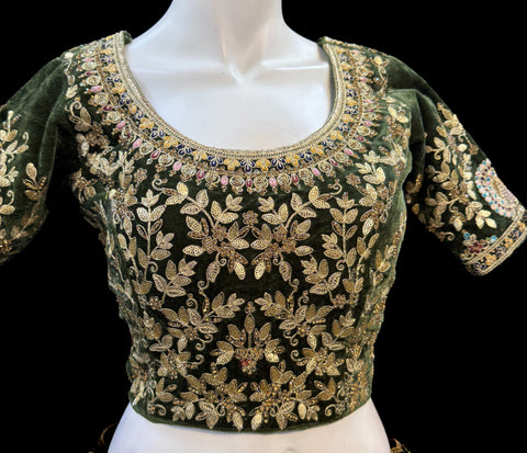 (Clip attached S-40(44))Green colour velvet based beautiful embroidery work with heavy squined & stones work very heavy 3 layered ken ken super heavy Designer Bridal Lehnga with heavy tessels attached to blouse & Lehnga & heavy work lace beaded dupatta