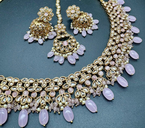 Original Polki stone with Kundan stone studded crystals and pearls Work Necklace Set With Earrings & Tikka
