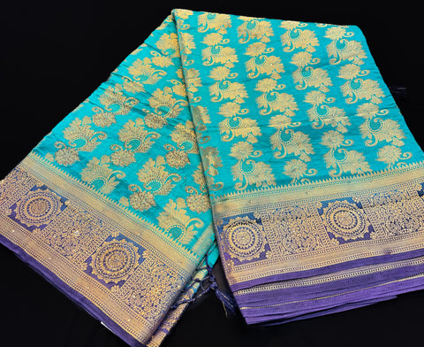 Mustard & Blue Color Beautiful Brocade Art Silk Saree With Stone Work