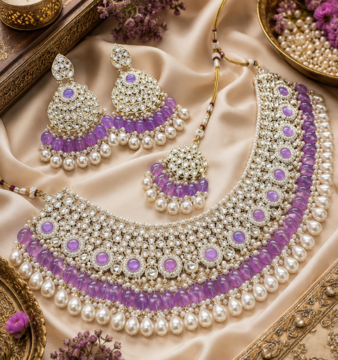 Kundan studded & pearls work designer heavy work Necklace set with beautiful Earrings & Tikka