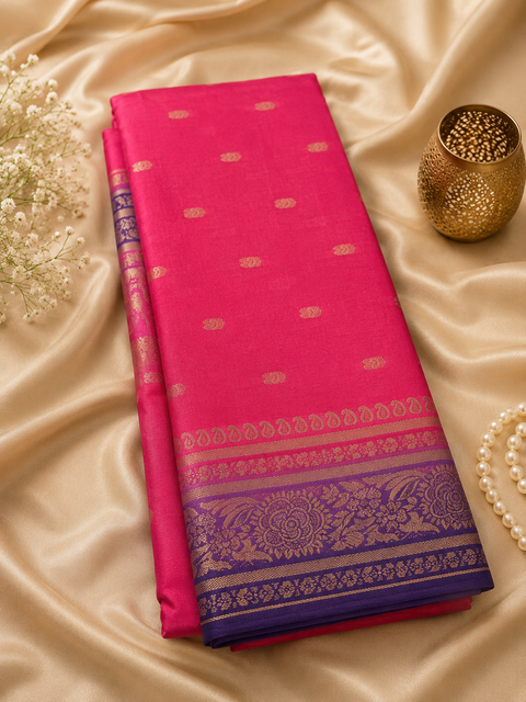 Plain silk Saree with contrast zari border and contrast plain Blouse, Model-Worn Blouse Is For Reference Only. Unstitched Blouse Piece Is Attached With Saree(Slight Variation In Color & Design Is Possible)