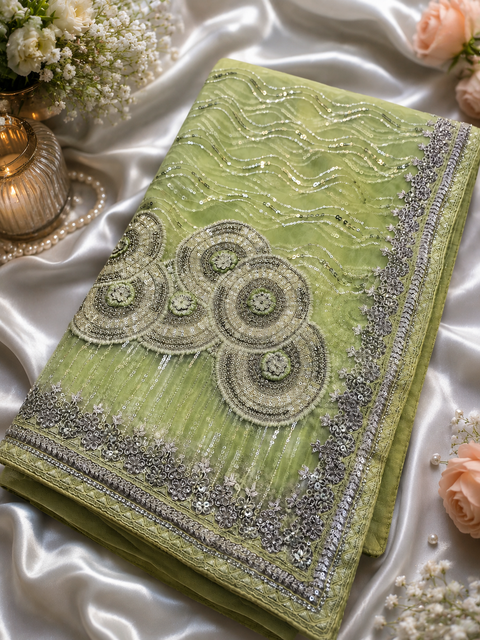 Heavy work designer Saree with netting base fabric and stones work design all over with heavy embroidery .The Blouse Worn By The Model Is For Reference Purposes Only. The Actual Blouse Piece Comes Attached With Saree(Slight Variations Are Possible)