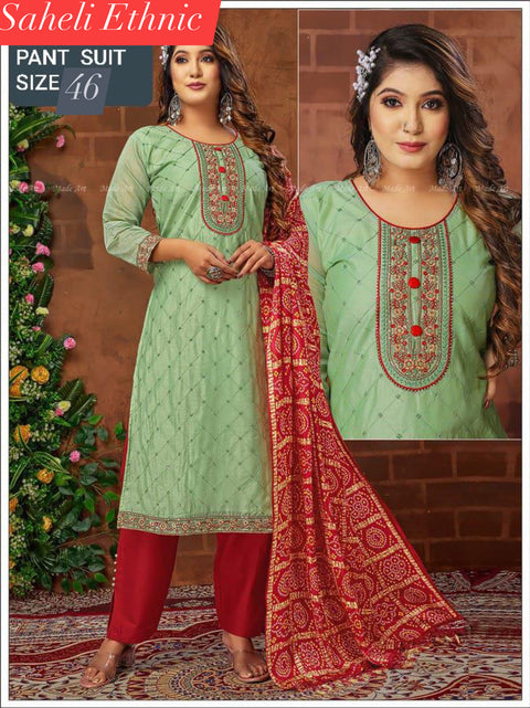 Cotton Silk based embroidery work designer kameez with embroidery design plazo pants and jaipuri print contrast dupatta