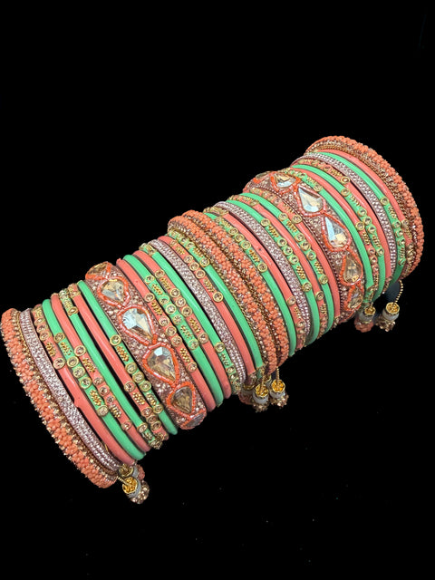 (Video clip attached) Mint & Peach Glass bangles with golden brass bangles set with latkan kade set(displayed picture is for both hands set) price is for whole set displayed in picture)
