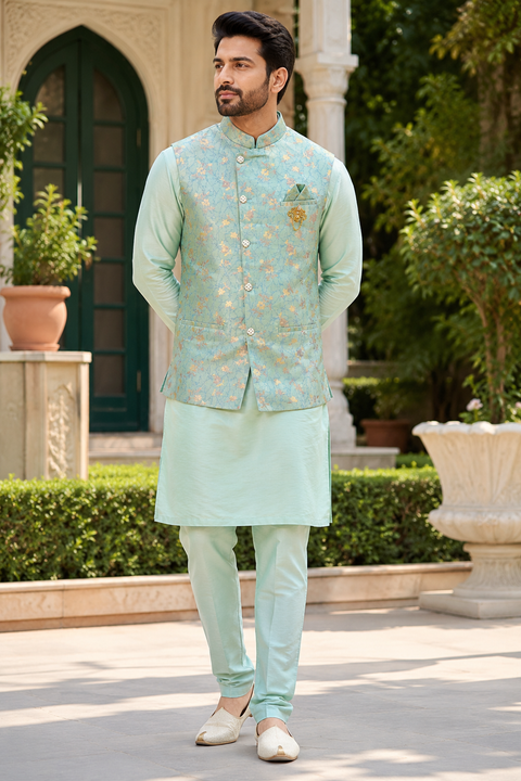 Elegant Mint Green Jacquard Indo-Western Kurta Set with Floral Woven Jacket – perfect for weddings and festive occasions. Slight variation in color and design may occur.