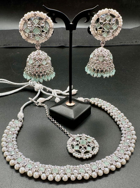 Kundan And Pearls Work Beautiful Necklace Set With studs & Tikka