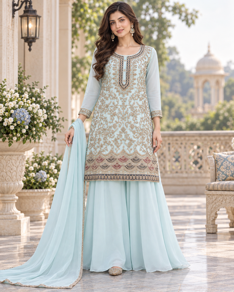 Georgette based beautiful embroidery and stone work kameez paired with a flowy georgette loose circular palazzo & dupatta . Slight variation in colour and design is possible.